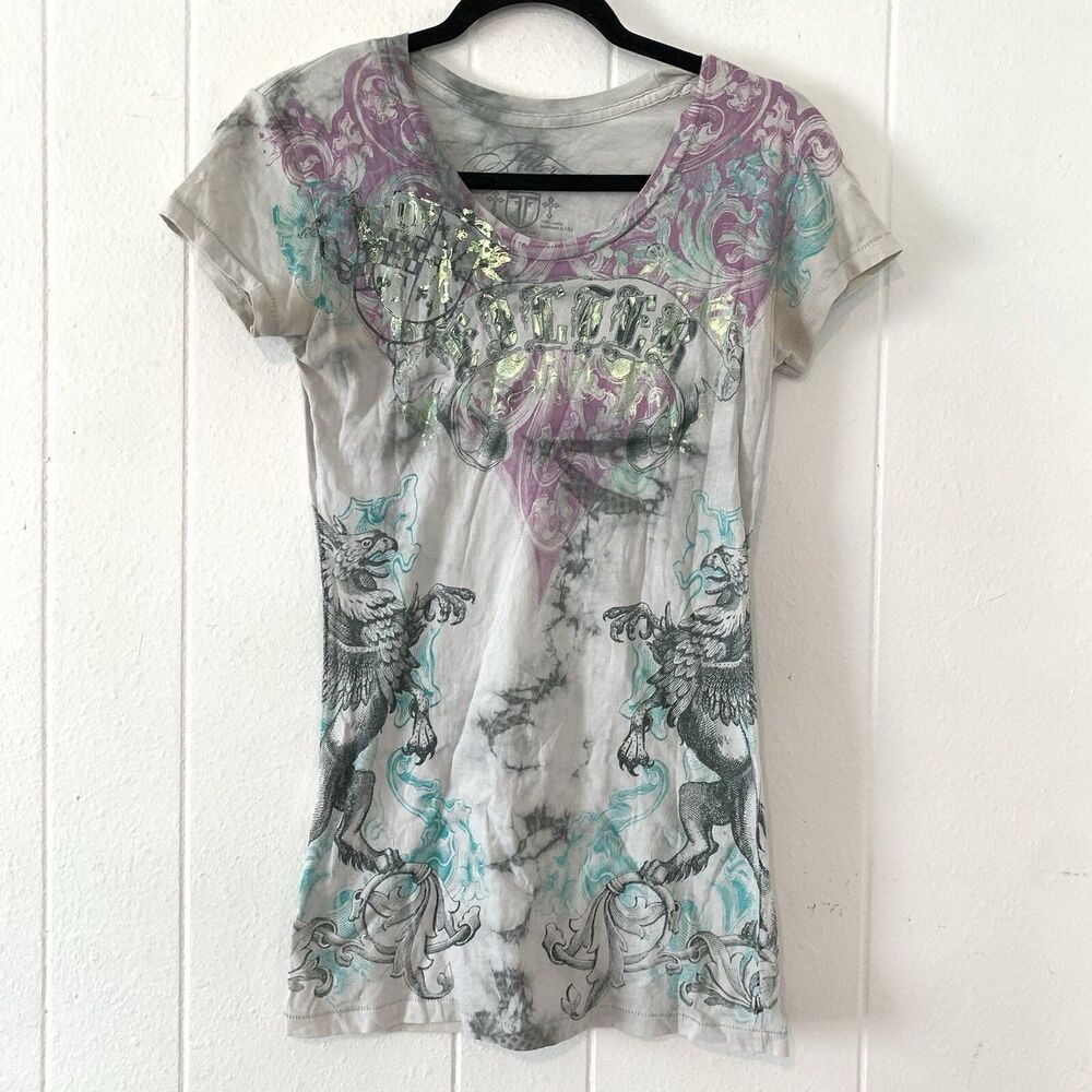 Filter Womens Small Graphic T Shirt White Purple Teal Tattoo Griffin Y2K